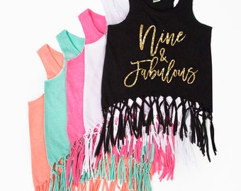 Nine and Fabulous - Fringe Tank Top - NINE - 9th Birthday - Birthday Girl - Girls Tank Tops - Summer Birthday - Ninth Birthday Shirt