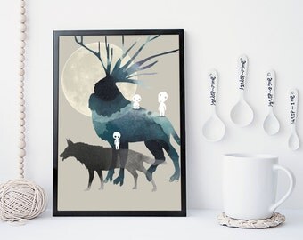 Princess mononoke art print, Miyazaki print, wall art, studio ghibli, forest spirit, totoro, watercolor art print, home wall decor, gift