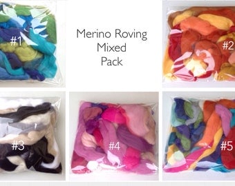 Wool Roving pack – Superfine Wool Fibers Assortments 100% merino, Mixed colors of wool for felting. Mixed Bag. Spinning/Felting Fibers