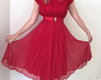 Late 1950's Crimson Party Dress // Adorable Waist Bow and Rhinestone Details // Extra Small