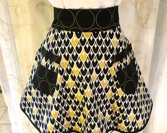Women's Half Apron, Art Deco, Black, Gold,