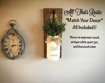 Boxwood Decor, Boxwood Sconce, Mason Jar Sconce, Large Sconce, Mason Jar Decor, Hydrangeas, Boxwood.Farmhouse Decor.Burlap Decor.Wall Sconce