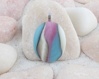 Fused glass pendant, pink and blue pendant, glass pendant