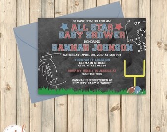 Vintage Football Baby Shower Invitation, Sports Theme Shower, Pink or Blue, Quarterback or Cheerleader, Scoreboard, Playbook X O, DIGITAL