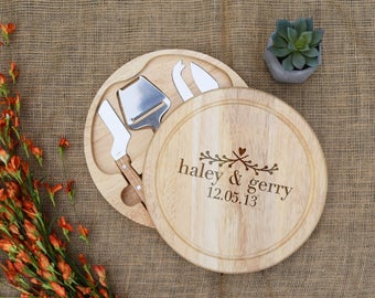 First Name & Date Round Cheese Board, Swivels Open w/ Cheese Tools, Custom Cutting Board, Personalized Cutting Board, Wedding, Bridal Shower