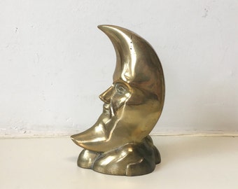 Vintage Brass Crescent Moon Bookend Figurine Statue Man in the Moon Cloud 3D Face Metal Mid-Century Hollywood Regency Figurine Home Decor