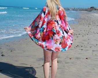 Floral Sheer Kimono, Multicolor Flower Print Kimono Cardigan