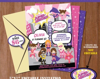 Superhero Birthday Invitation-Self-Editing Printable Superhero Party Invite-First Birthday-Pink Super-Girl Super Hero Party-A113-G-P