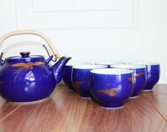 Vintage Japanese Tea Set, Whooping Crane Japanese Tea Set, Set of 6 Tea Cups, Vintage Tea Set, Royal Blue Tea Set