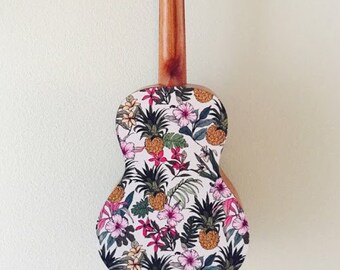 Ukulele sticker decal of vintage flower and pineapple Hawaiian design. Uke On! Sticker for ukulele