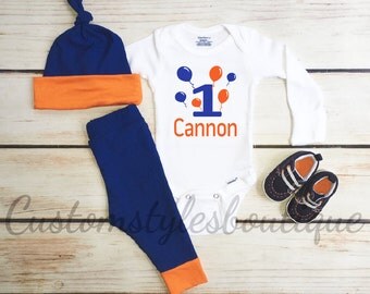Baby Boys First Birthday Outfit, Orange and Blue Leggings and Hat, 1st Birthday Outfit, Birthday Boy, One Year Old, Boys Birthday Bodysuit