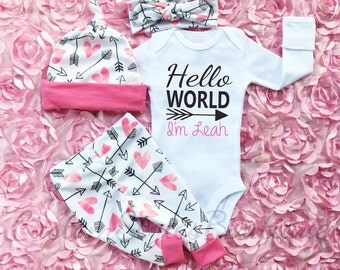 Baby Girl Coming Home Outfit, Hello World, Custom Name, Hearts And Arrow Pattern Leggings, Hat and Headband, Baby Girl Going Home Outfit