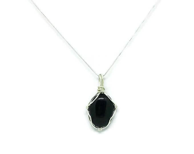 Sterling Silver Wrapped Black Onyx Pendant, Root Chakra Jewelry, Onyx Necklace, Unique Birthday Gift, Healing Gemstone, Gift for Her