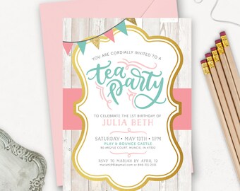 Tea Party Birthday Invitation Printable / Rustic Birthday Invitations for Girls / Pink Teal Gold Glitter Invites