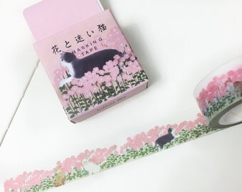 Pretty Watercolor Cat and Pink Floral Washi Tape 15mm/ Animal Washi Tape/ Pink Floral Washi Tape/ Masking Tape