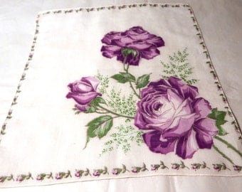 1940s Vintage Cotton Handkerchief with Printed Purple Roses