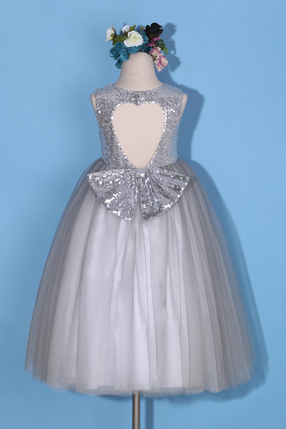 Flower girl dress/gray pageant dress/silver sequin dress/gray