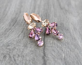 Blush Crystal earrings, Rose gold earrings, Bridal jewelry, Swarovski earrings, Long Wedding earrings, Bridesmaid earrings, Rhinestone