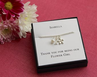 Flower girl gift, flower girl bracelet, flower girl charm bracelet, personalised bracelet, personalised gift, wedding jewellery, flower girl
