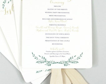 Elegant Gold Script with Greenery Wedding Program Fans // Fully Assembled Wedding Program Fans