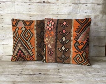 Set of Two Vintage Kilim Pillow Covers in Orange and Brown