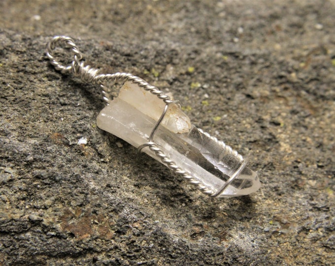 Crystal Point Sterling Silver Wire Wrap Pendant, Quartz Tip Necklace Natural Stone Jewelry Valentines Day Gift for Him or Her Mens or Ladies