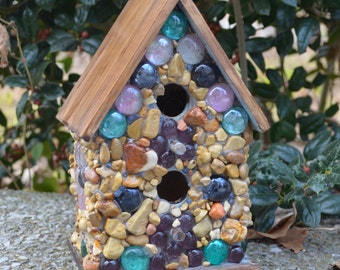 Mosaic Birdhouse with Gem Flower on Sides Bird House Stone Cobblestone Rustic