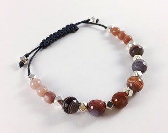 Bracelet ajustable avec billes en pierre d'Agate et pierre de Jade