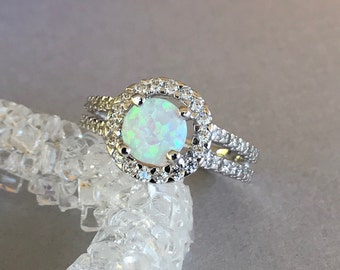 Luckyshine 2-Stone White Fire Opal Ring - Lab-Created Gems, Silver Plated, Sizes 7-11