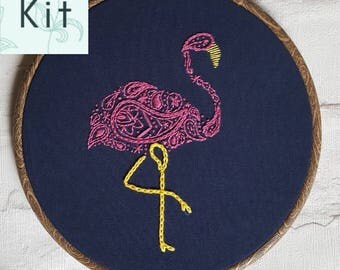 Embroidery Kit - Paisley Flamingo - DIY Kit - Sewing Project - Contemporary & Modern Embroidery - Craft Kit