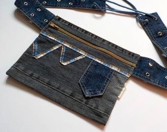 Blue boho hip bag, denim waist bag, small festival fanny pack, hippie bum bag, jeans utility belt bag, travel/hidden money belt,cycling bag
