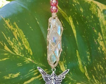 Rear view mirror charm, Angel aura quartz fairy charm, Crystal car charm, Car charm, Fairy charm, Car totem, Macrame charm