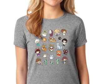Studio Ghibli Character T-Shirt, Miyazaki, Chihiro, Calcifer, Totoro, Kodama, Ladies unisex Tee Shirt