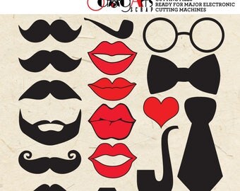 Lips, Mustaches, Eye-Glasses, Pipes Digital Cut Files Svg Dfx Eps Png - Silhouette SCAL Cricut Vector Download DIY Vinyl Die Cutting JB-039