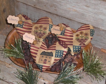 Set of 3 Primitive Grungy Rustic Red White and Blue LOVE USA FREEDOM Hearts Americana July 4 Heart Shaped Bowl Fillers - Ornies - Tucks -