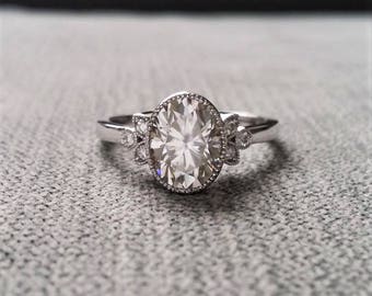 Antique Diamond E-F Moissanite Engagement Ring White Gold Victorian Bezel Set Low Profile Filigree Gemstone PenelliBelle "The Luella"