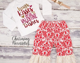 Baby Girl Valentines Day Outfit, Toddler Girl Clothes, Top and Ruffle Pants Set, Hugs Kisses Wishes red gold sparkle by Charming Necessities