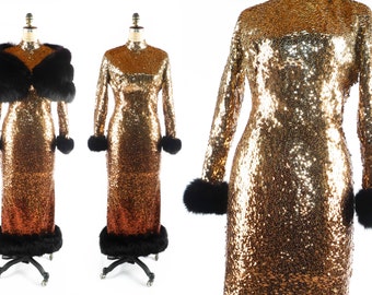 Vintage 50s Sequin Dress // 1950s Sequin Dress // Ombré Dress // High Neck Dress // Long Sleeve Dress // FOX FUR Dress - sz M