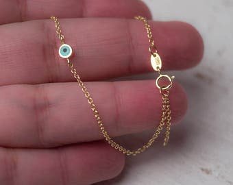 Extra Tiny Evil Eye Bracelet Round Solid Gold Evil Eye 14k solid Gold Bracelet Gift for Her Anniversary gift Bridal minimal bracelet Baptism