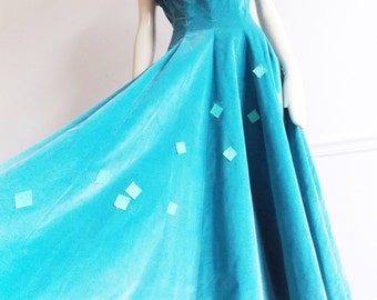1950s new look turquoise velvet dress/ rockabilly dress/ 50s evening dress/ 50s party full skirt dress