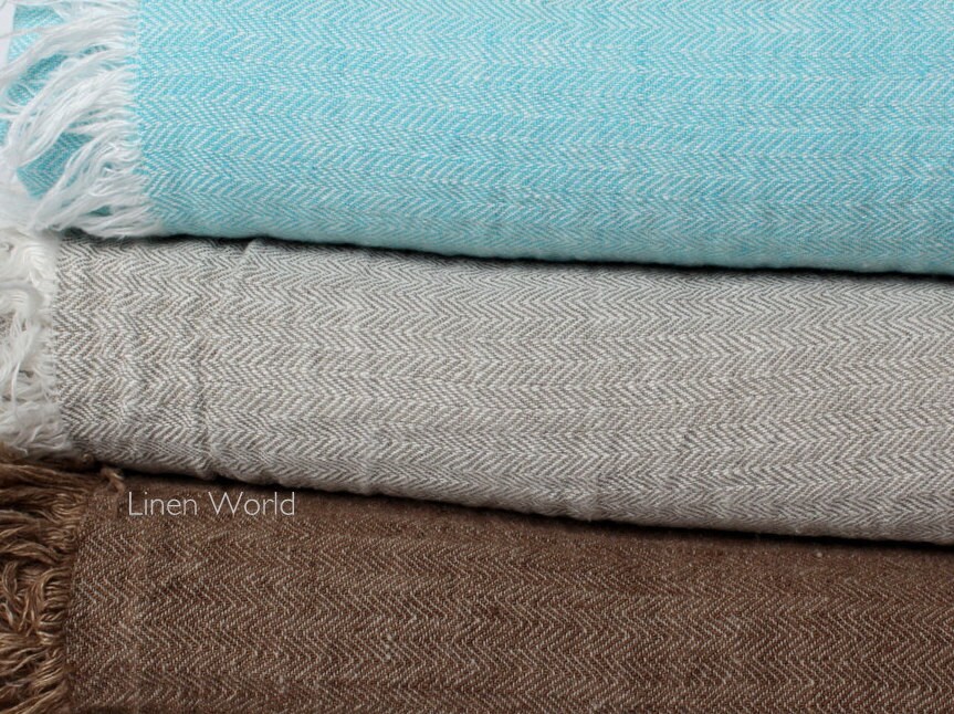 Large Linen Throw Blanket. Blue Herringbone Pure Linen