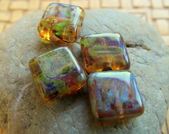 NEW POLISHED Hurricane SQUARES . Czech Picasso Glass Beads (10 beads) 10 mm