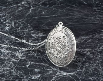 Silver Locket Necklace, Long Necklace, Long Necklace, Ornate Pendant, Large Locket Necklace, Antique Silver Locket Style, Trifari