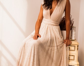 Tulle wedding gown, champagne wedding gown, removable tulle gown, champagne tulle gown, polka dot gown, champagne gown with tulle, wedding