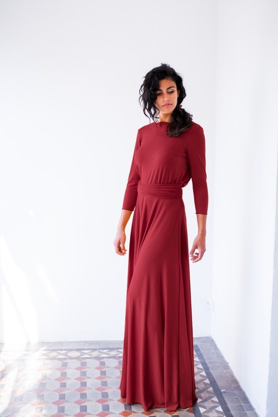 Bordeaux long sleeve evening dress oxblood red maxi dress