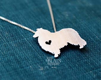 Collie dog necklace sterling silver, tiny silver hand cut dog pendant with heart
