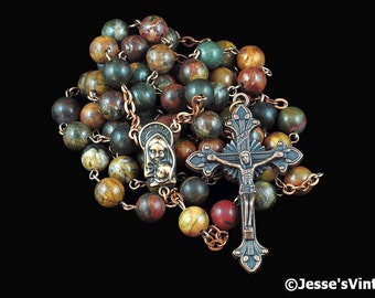Catholic Rosary Beads Red Creek Jasper Natural Stone Rustic Copper Traditional Five Decade Rosary