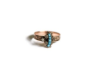 Antique Victorian 10k Gold Fan Motif Ring With Turquoise and Seed Pearls c.1880s