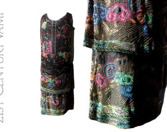 EXCEPTIONAL 1920s Dress. Polychrome & Gold Beadwork, plus Gold Lamé Embroidery on Black Silk. Chinese Jifu Court Robe Style. Chinoiserie.
