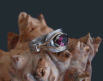 Silver spoon ring with yellow gold and burgundy spinel , asymmetrical silver and gold engagement ring